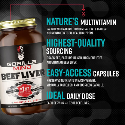 Gorilla Mind Grass-Fed Argentinian Beef Liver - Freeze-Dried Multivitamin Capsules (1 Oz)