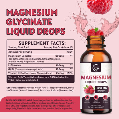 GORNVB Magnesium Glycinate Liquid Drops 1000mg - 2 Pack Raspberry (D3, L-Theanine & GABA)