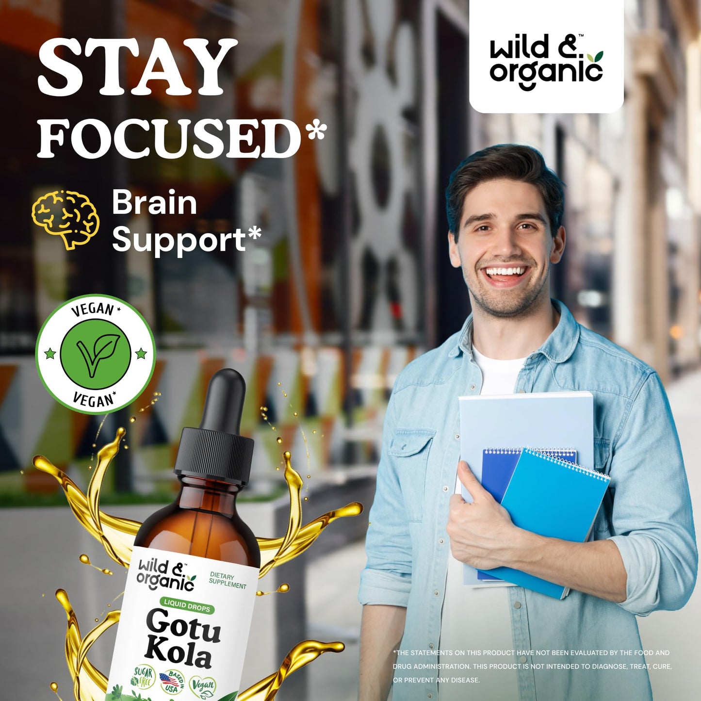 Wild & Organic Gotu Kola Tincture - Brain Support, Gotu Kola Liquid Extract Drops - Vegan, Sugar & Alcohol-Free 2 fl oz