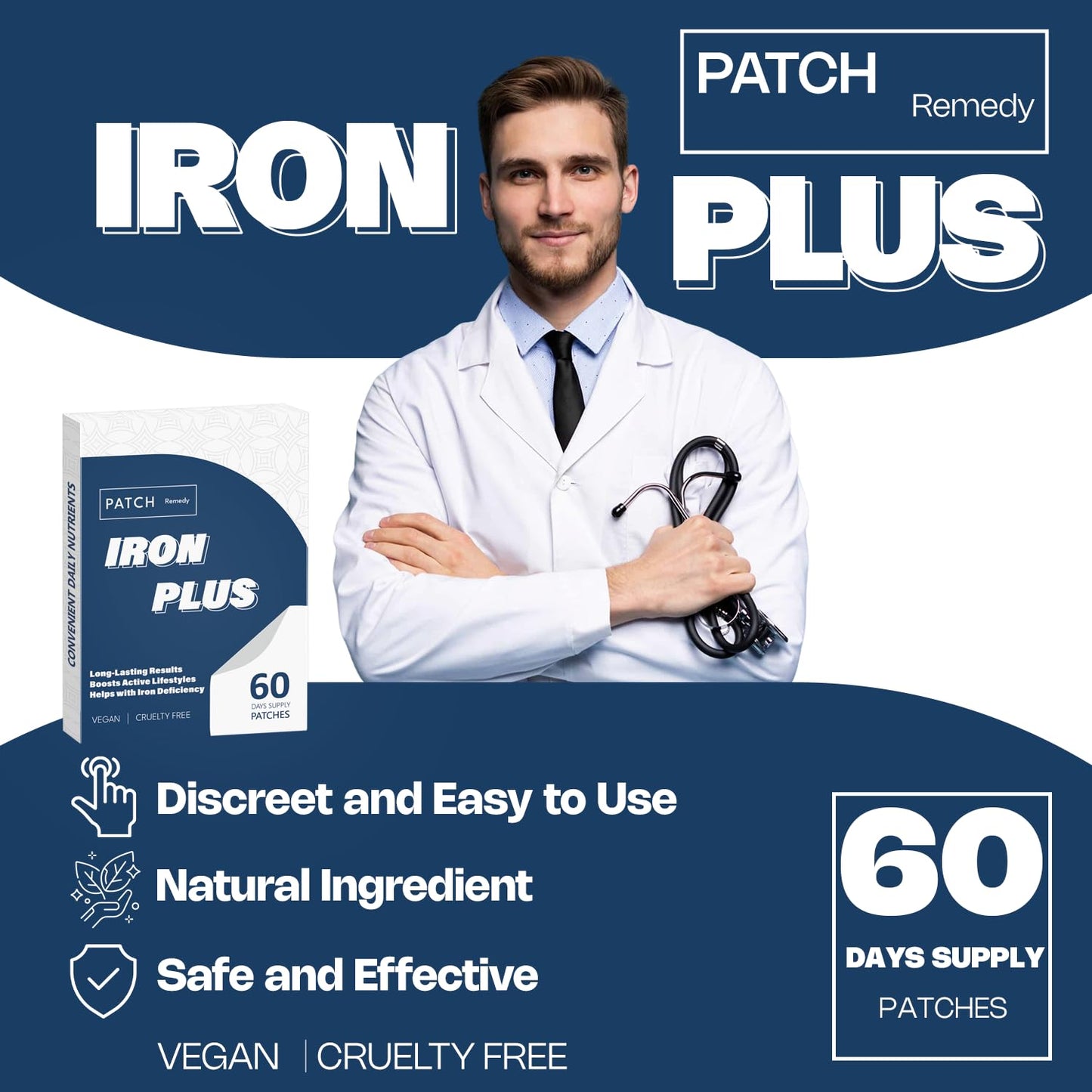Graclin Iron Plus Topical Patches – Easy to Use, 60 Days Supply – Sugar-Free, Latex-Free, Natural Alternative