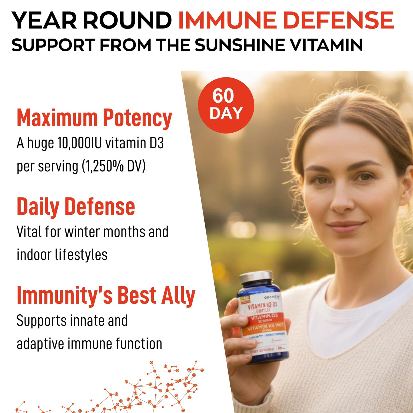 Granions 10,000IU Vitamin D3 K2 MK7 Complex - 60 One-A-Day Tablets | Immune Support, Bone Health