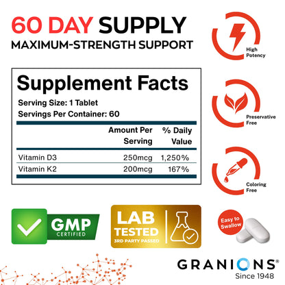 Granions 10,000IU Vitamin D3 K2 MK7 Complex - 60 One-A-Day Tablets | Immune Support, Bone Health