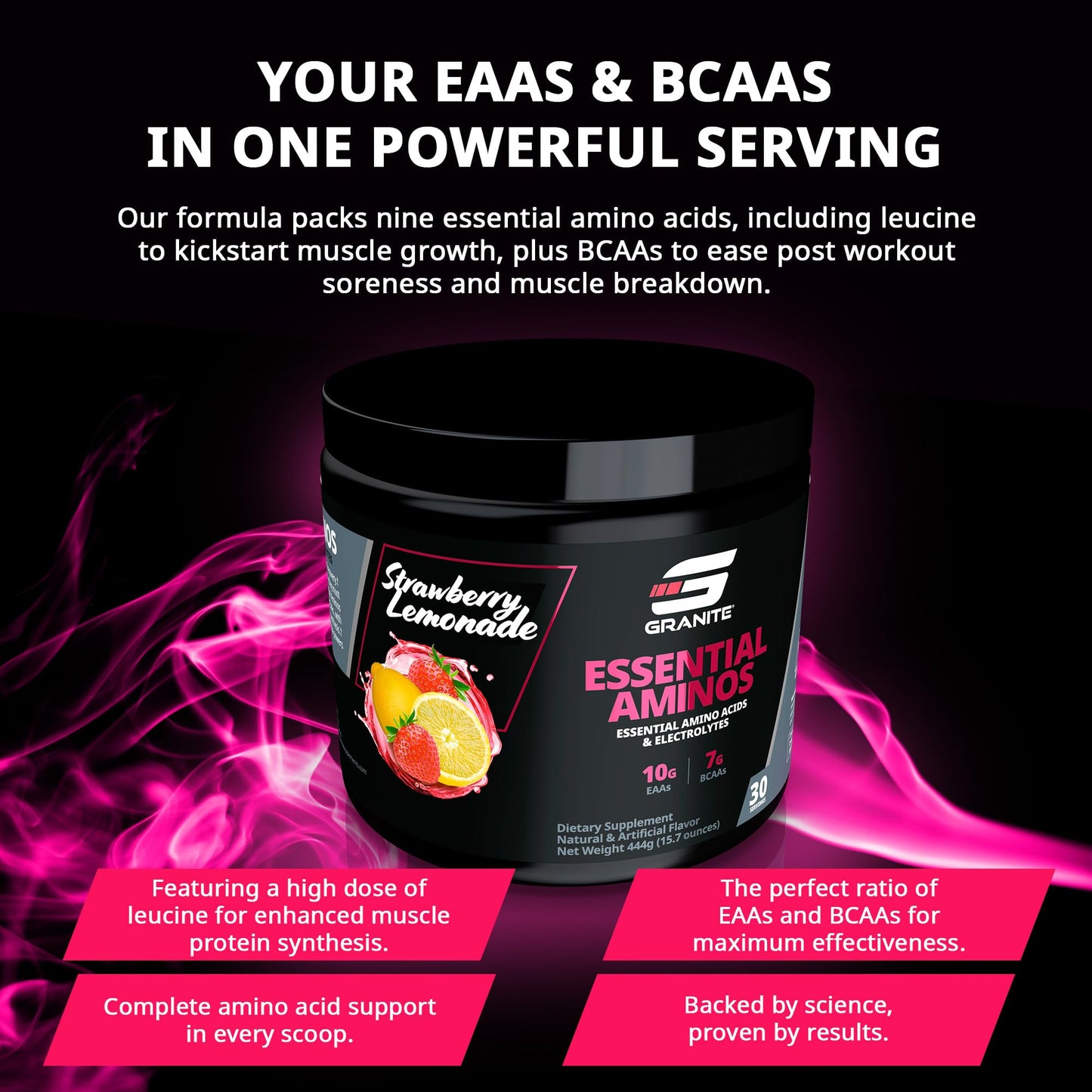 Granite EAAs Powder – 10g EAAs, 7g BCAAs, 448g, Strawberry Lemonade