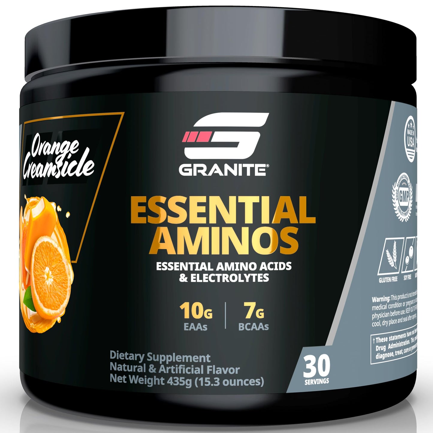 Granite Essentials Amino Acids Powder – 10g EAAs, 7g BCAAs, Orange Creamsicle (Soy & Gluten Free)