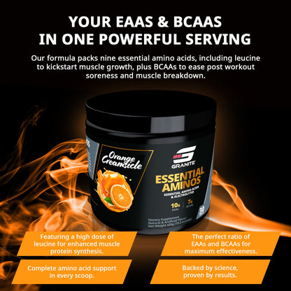 Granite Essentials Amino Acids Powder – 10g EAAs, 7g BCAAs, Orange Creamsicle (Soy & Gluten Free)