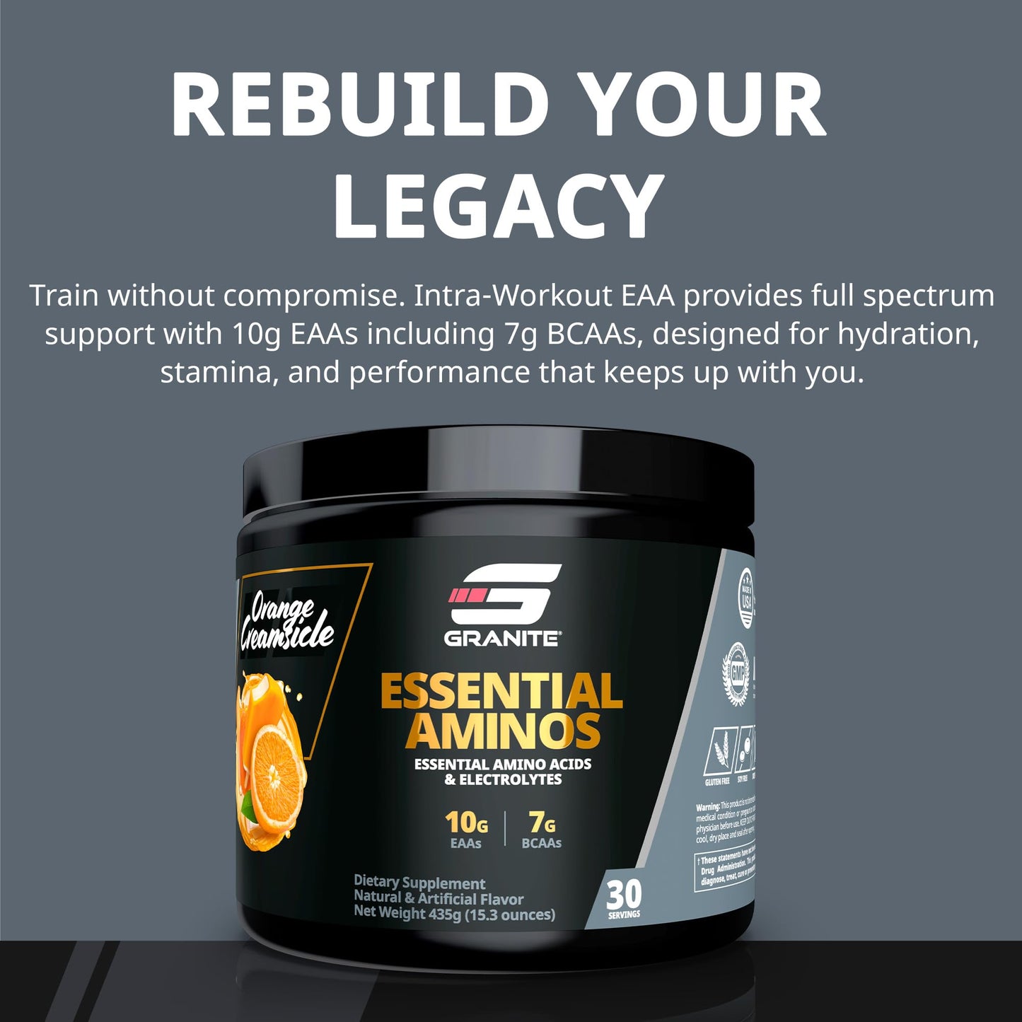 Granite Essentials Amino Acids Powder – 10g EAAs, 7g BCAAs, Orange Creamsicle (Soy & Gluten Free)