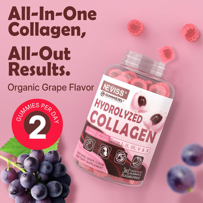 NEVISS Hydrolyzed Collagen Gummies – Multi-Type Collagen I–V & X with Vitamin D3 (120 ct)