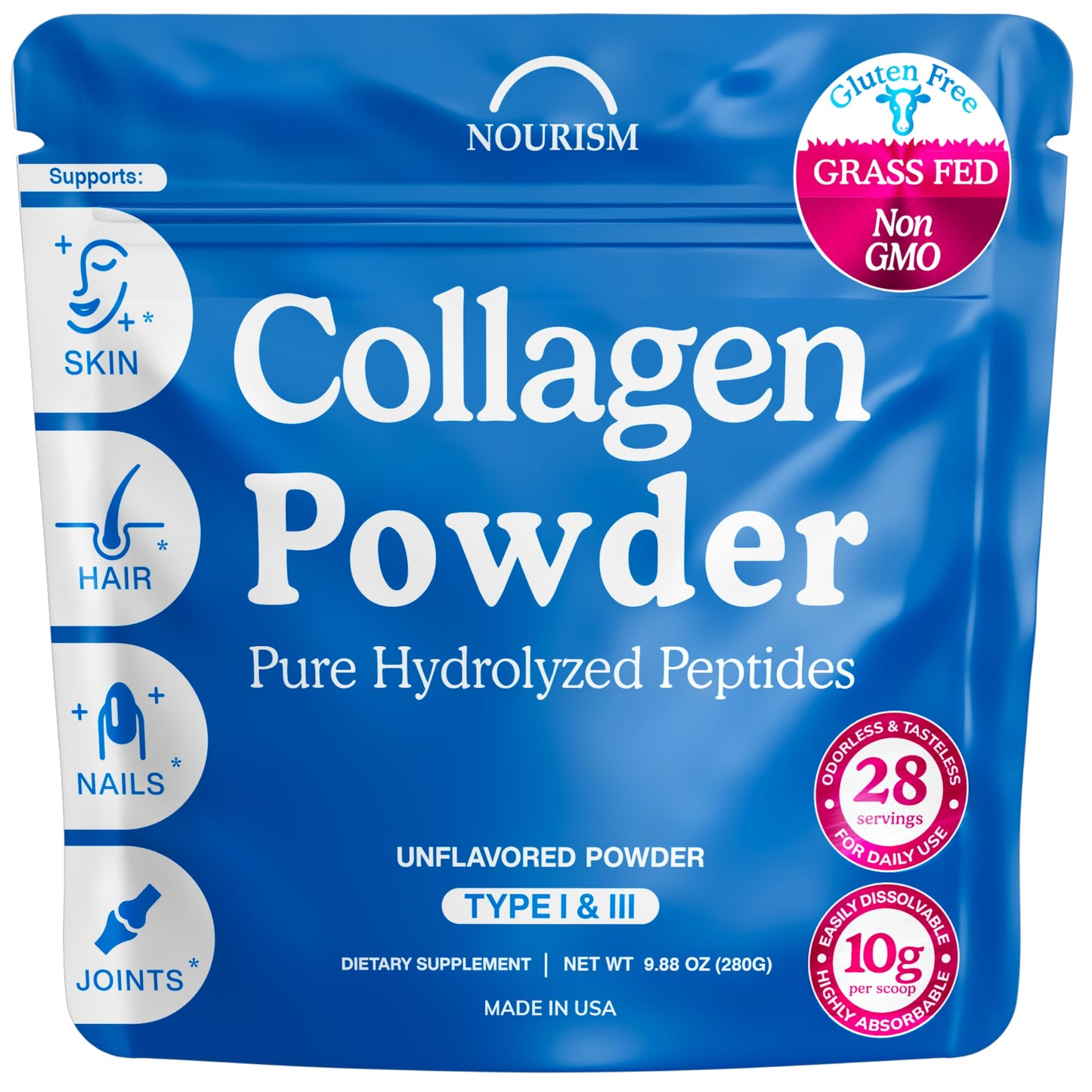 Grass-Fed Collagen Peptides Powder – Type I & III, Unflavored, 9.87 oz