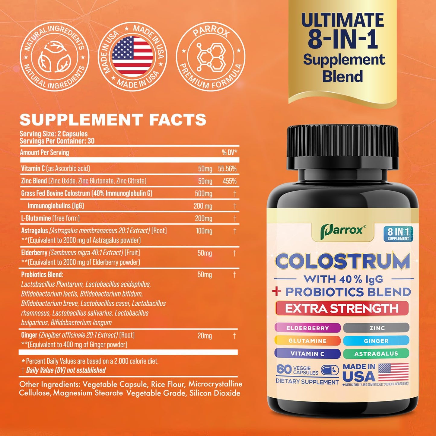 Parrox Colostrum Capsule - 8 in 1 Grass-Fed Bovine Boost, 120 Caps
