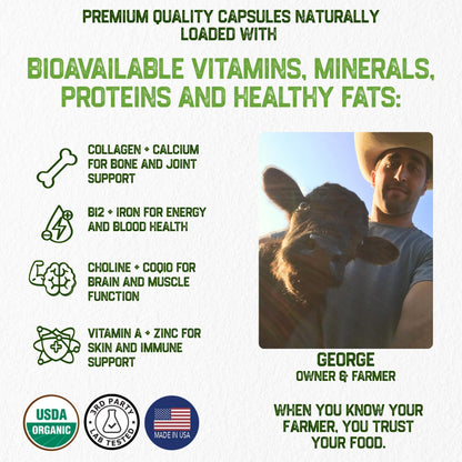 Grassfat USDA Organic 100% Grassfed Beef Organs Supplement – Made in USA | 30 Servings