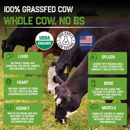 Grassfat USDA Organic 100% Grassfed Beef Organs Supplement – Made in USA | 30 Servings