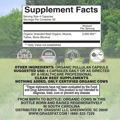 Grassfat USDA Organic 100% Grassfed Beef Organs Supplement – Made in USA | 30 Servings