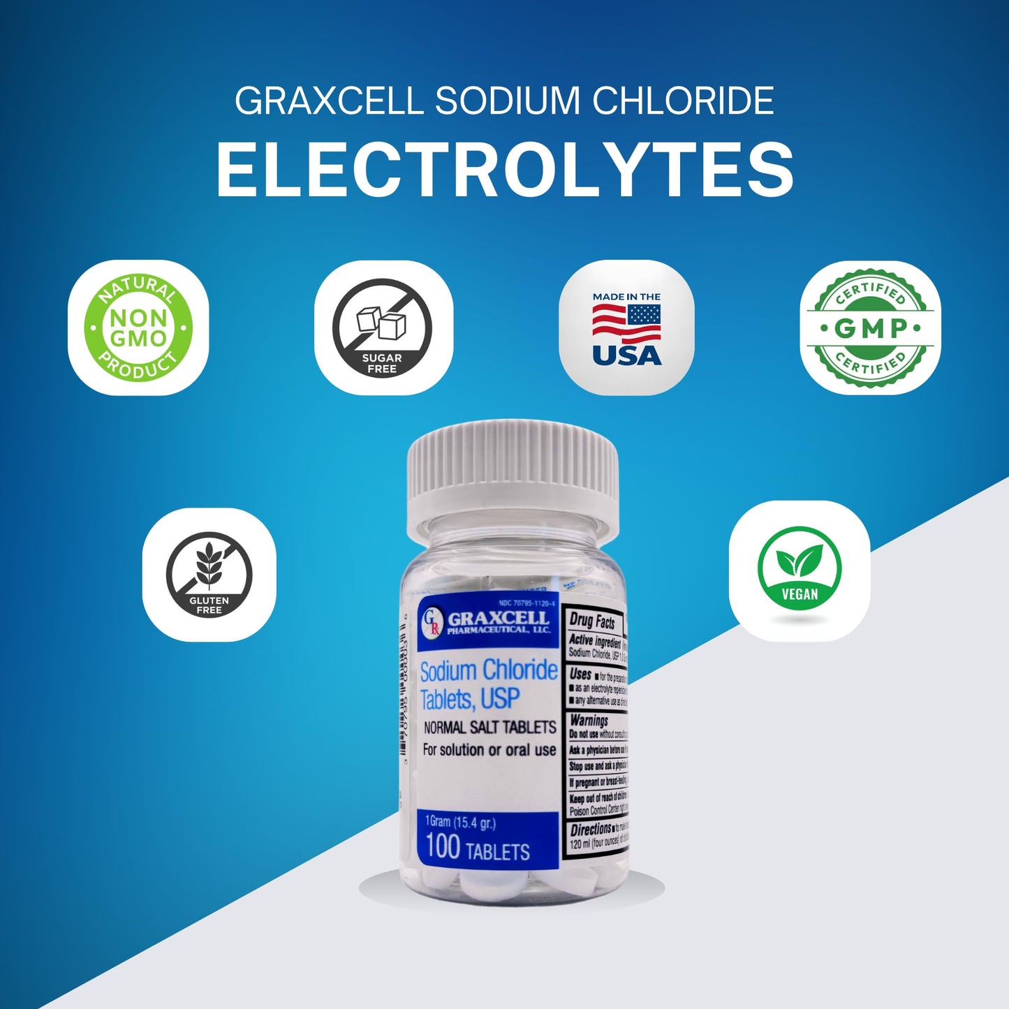 Graxcell Sodium Chloride Tablets 1g | Electrolyte Support for POTS & Dysautonomia | 100 Count | Made in USA