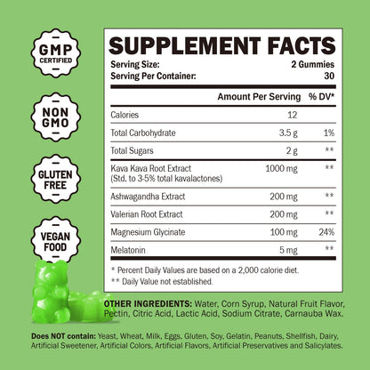 GREABBY Kava Kava Gummies 1000mg Per Serving, Sleep Support, Natural Lemon Flavor, 60 Vegan Gummies, Stress Relief & Relaxation Supplement