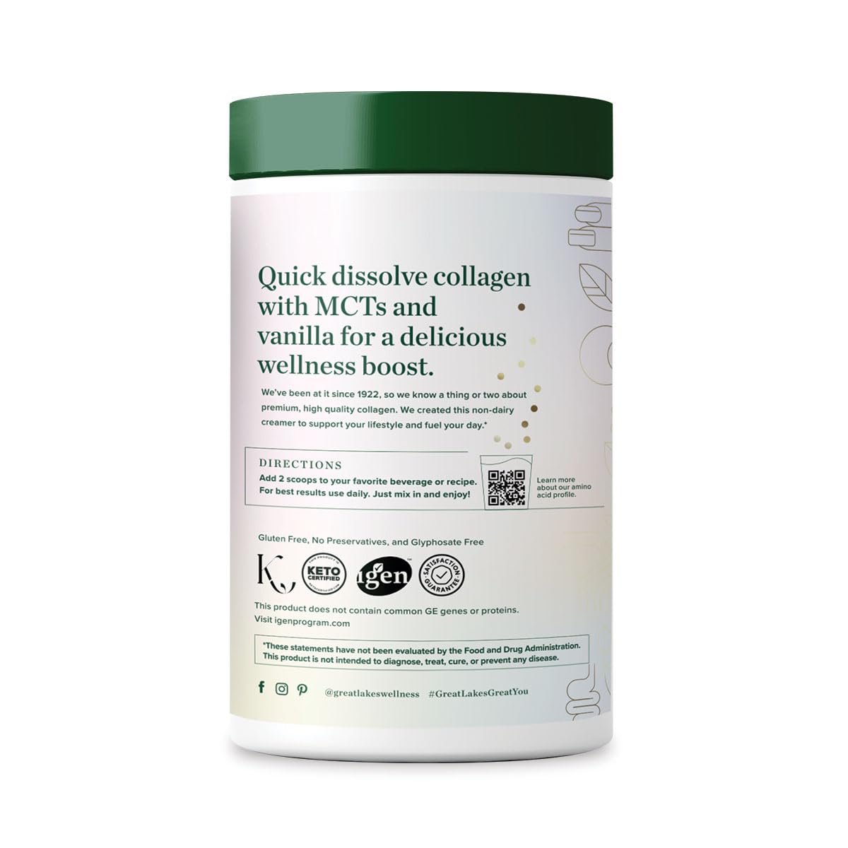Great Lakes Wellness Keto Boost Collagen Peptides Powder – Vanilla, 14.1 oz | 4.2g MCTs, Non-Dairy Coffee Creamer, Non-GMO, Kosher