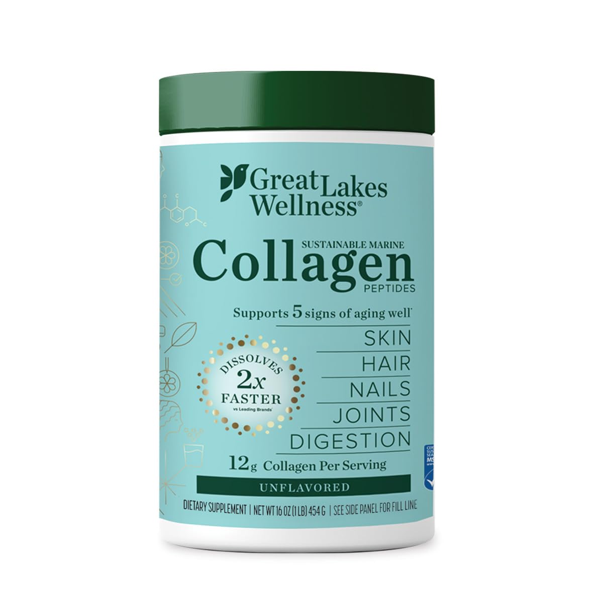 Great Lakes Wellness Marine Collagen Peptides Powder – Unflavored, 16 oz (Wild-Caught, MSC Certified)