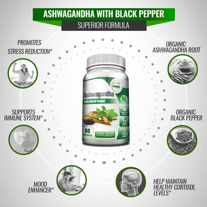 GreeNatr Organic Ashwagandha Capsules with Black Pepper for Enhanced Absorption - Mood Enhancer with Energy and Cognitive Function - 1300 mg Veggie Capsules (1 Bottle)