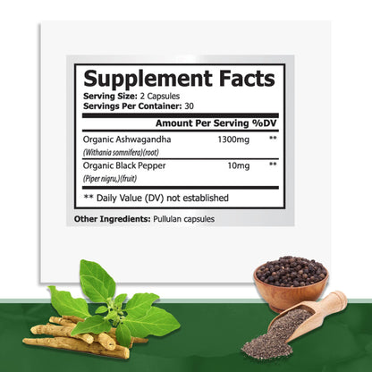 GreeNatr Organic Ashwagandha Capsules with Black Pepper for Enhanced Absorption - Mood Enhancer with Energy and Cognitive Function - 1300 mg Veggie Capsules (1 Bottle)