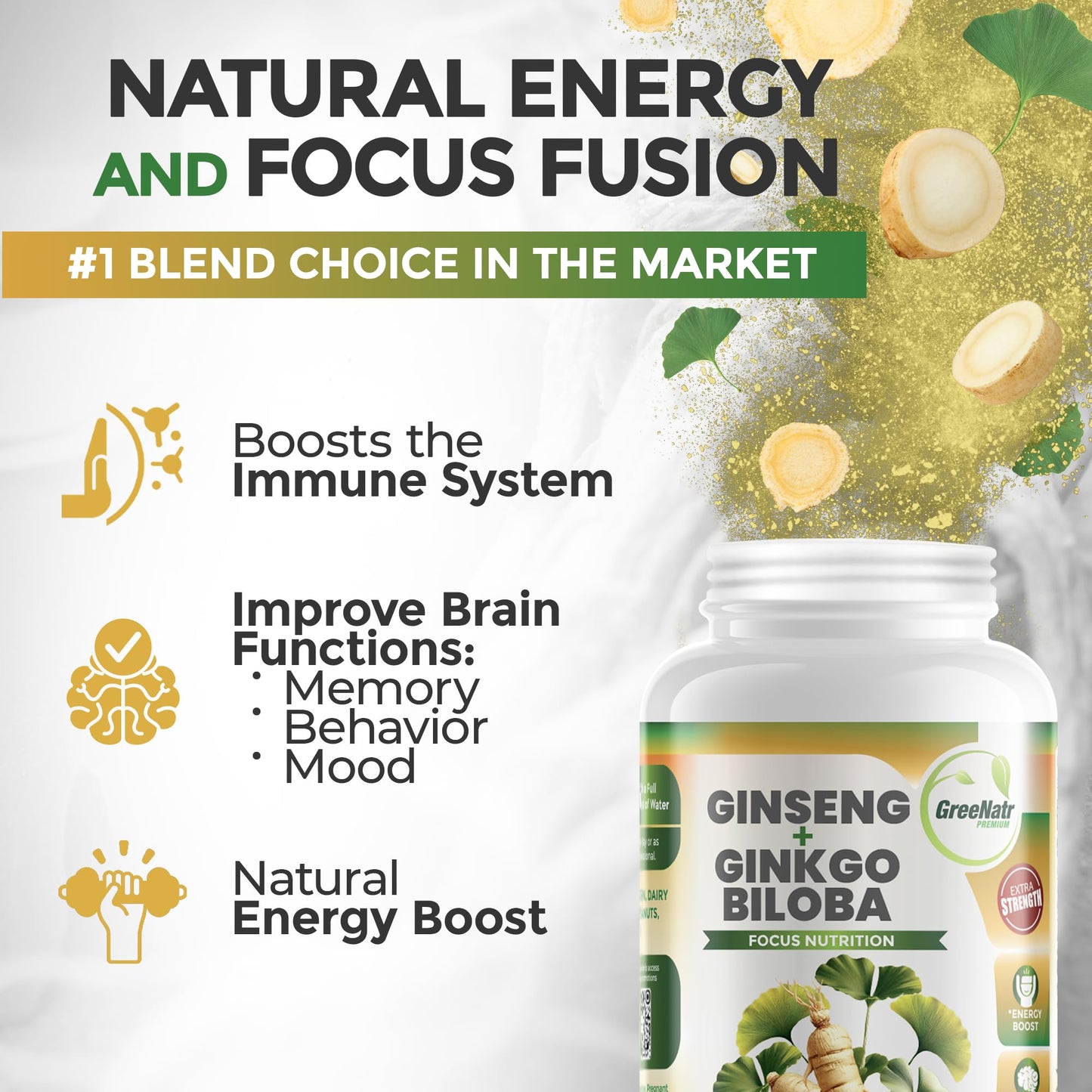 GreeNatr Ginko Biloba & Panax Ginseng – Brain Support & Focus (3 Bottles)