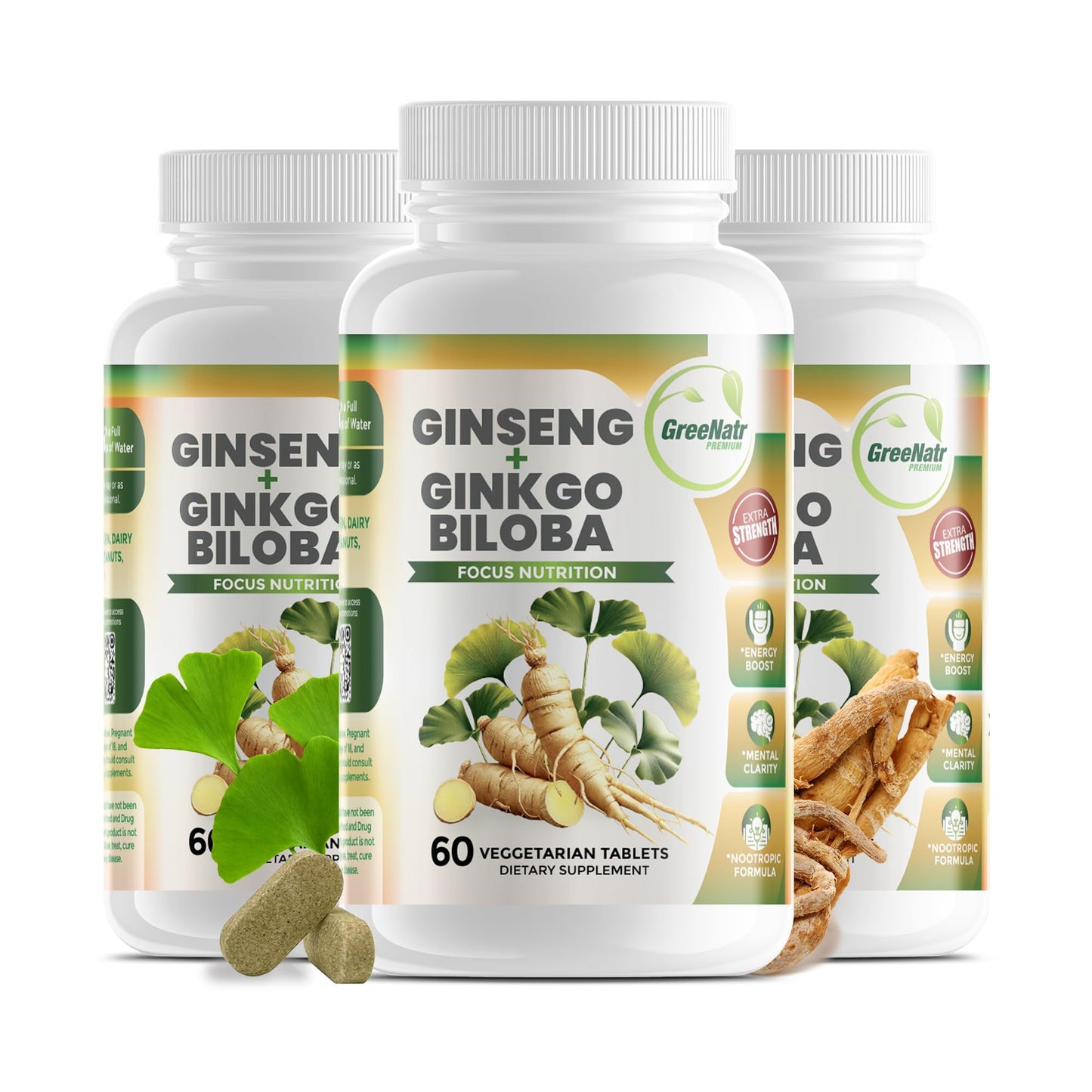 GreeNatr Ginko Biloba & Panax Ginseng – Brain Support & Focus (3 Bottles)