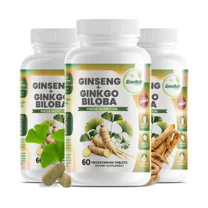 GreeNatr Ginko Biloba & Panax Ginseng – Brain Support & Focus (3 Bottles)