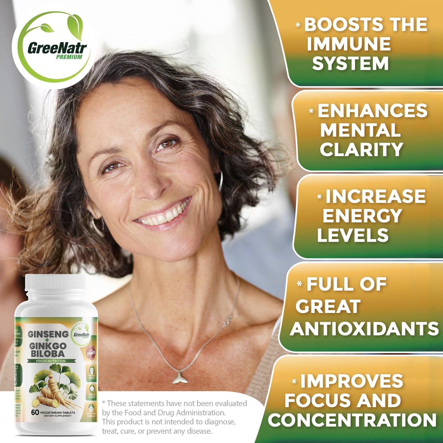 GreeNatr Ginko Biloba & Panax Ginseng – Brain Support & Focus (3 Bottles)