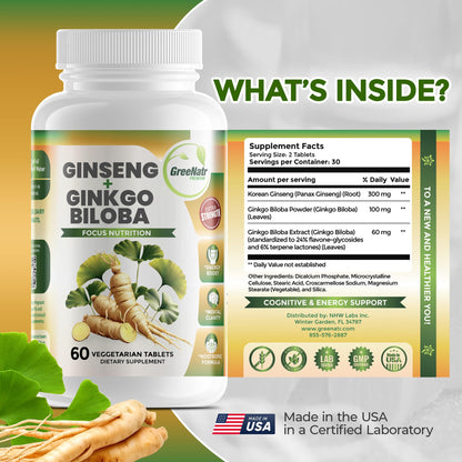 GreeNatr Ginko Biloba & Panax Ginseng – Brain Support & Focus (3 Bottles)
