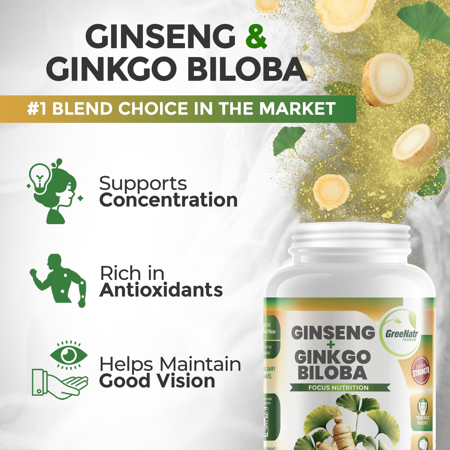 GreeNatr Ginko Biloba & Panax Ginseng – Brain Support & Focus (3 Bottles)