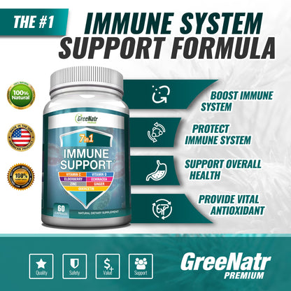 GreeNatr Immune Support – Vitamin C, D3, Zinc 50mg, Quercetin, Echinacea, Elderberry – 60 Capsules