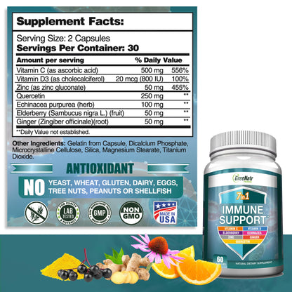 GreeNatr Immune Support – Vitamin C, D3, Zinc 50mg, Quercetin, Echinacea, Elderberry – 60 Capsules