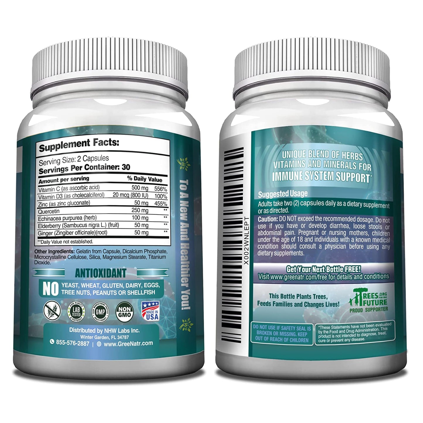 GreeNatr Immune Support – Vitamin C, D3, Zinc 50mg, Quercetin, Echinacea, Elderberry – 60 Capsules