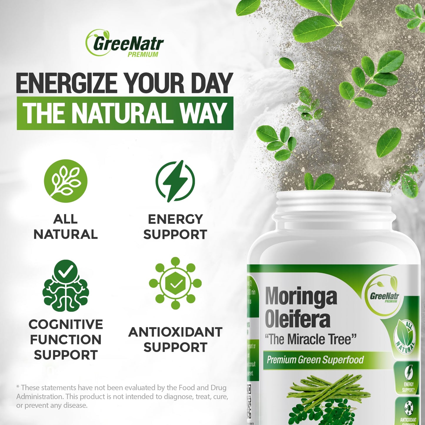 GreeNatr Pure Moringa Oleifera Capsule 1000 mg | Natural Energy & Focus | Premium Green Superfood (3 Bottles)