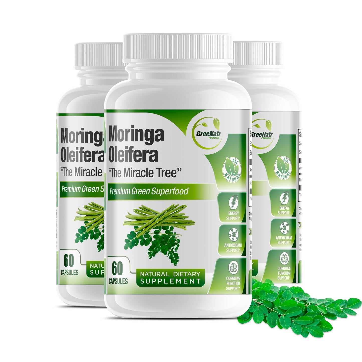 GreeNatr Pure Moringa Oleifera Capsule 1000 mg | Natural Energy & Focus | Premium Green Superfood (3 Bottles)