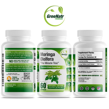 GreeNatr Pure Moringa Oleifera Capsule 1000 mg | Natural Energy & Focus | Premium Green Superfood (3 Bottles)