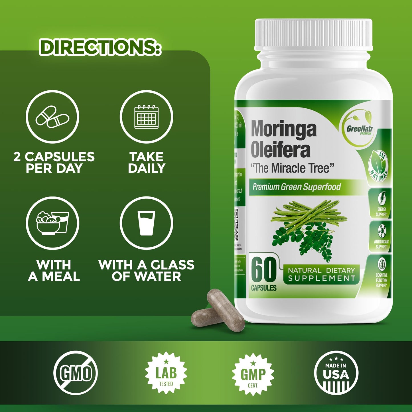 GreeNatr Pure Moringa Oleifera Capsule 1000 mg | Natural Energy & Focus | Premium Green Superfood (3 Bottles)