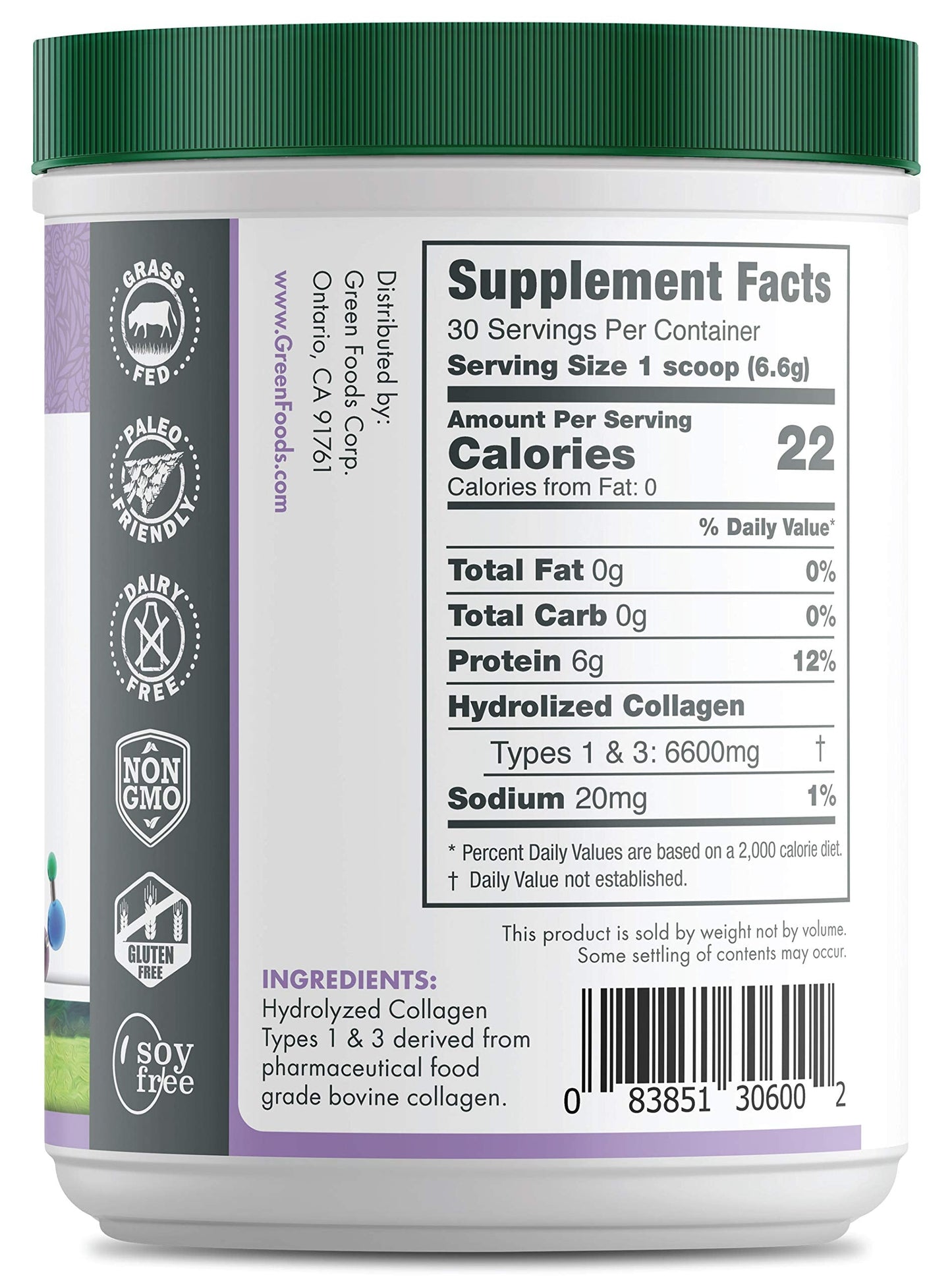 Green Foods Grass-Fed Hydrolyzed Collagen Peptides Protein Powder 7oz | 30 Servings