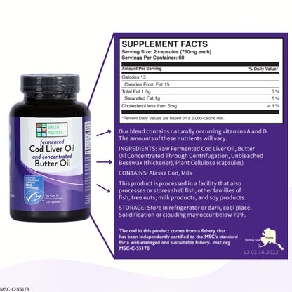 Green Pasture Fermented Cod Liver Oil & Butter Oil Blend - 120 Capsules
