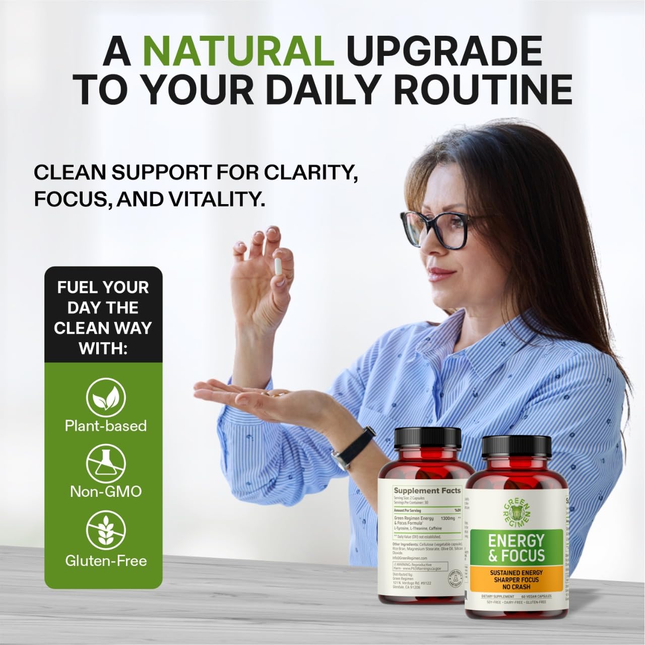 Green Regimen Energy & Focus Capsules - Natural Nootropic Supplement for Sustained Mental Clarity, Enhanced Concentration & Alertness - No Crash, Vegan, Non-GMO - 60 Caps