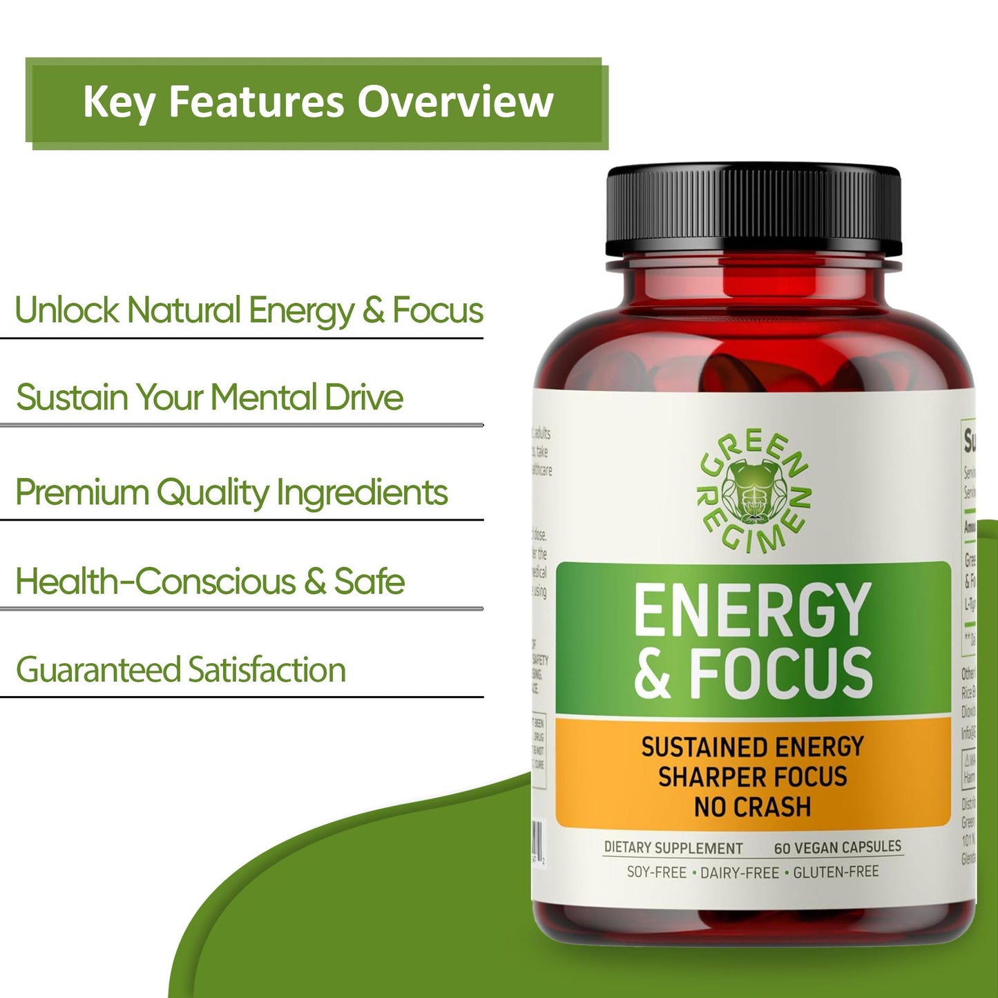 Green Regimen Energy & Focus Capsules - Natural Nootropic Supplement for Sustained Mental Clarity, Enhanced Concentration & Alertness - No Crash, Vegan, Non-GMO - 60 Caps