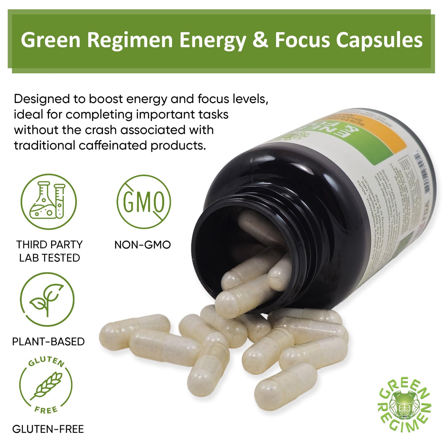Green Regimen Energy & Focus Capsules - Natural Nootropic Supplement for Sustained Mental Clarity, Enhanced Concentration & Alertness - No Crash, Vegan, Non-GMO - 60 Caps