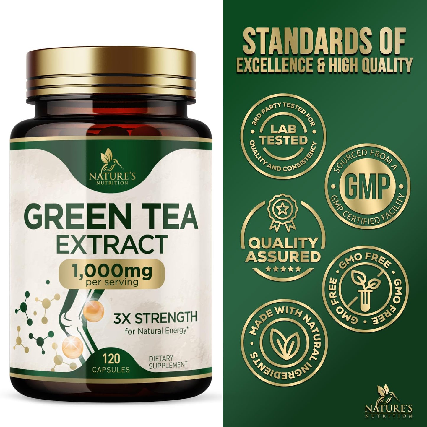 Green Tea Extract Capsules 1000 mg – 3X Strength, 45% EGCG & 98% Polyphenols | 120 Capsules