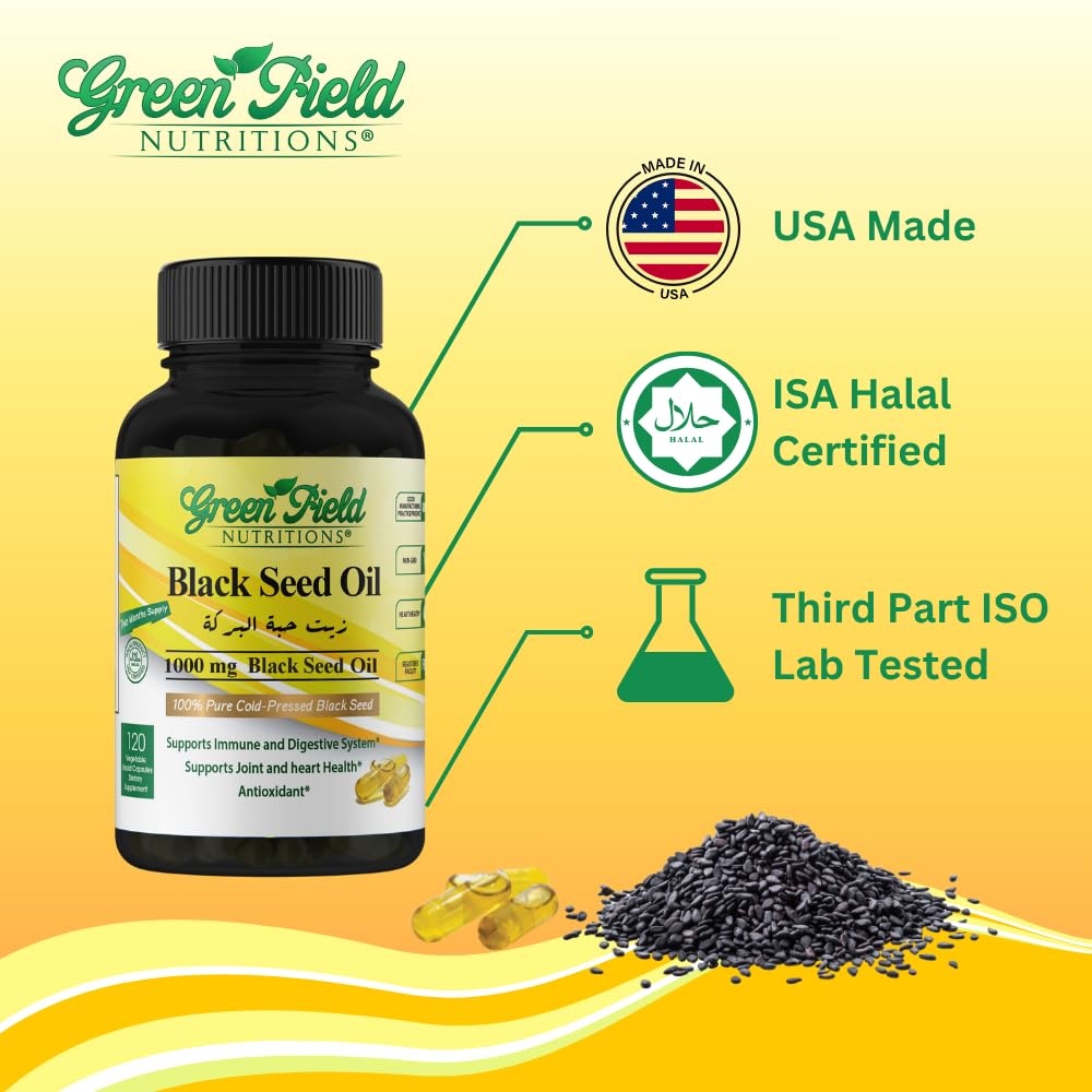 Greenfield Nutritions Halal Black Seed Oil – Immune, Digestive & Joints Health | 90 Liquid Veggies Capsules