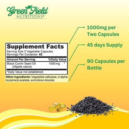 Greenfield Nutritions Halal Black Seed Oil – Immune, Digestive & Joints Health | 90 Liquid Veggies Capsules
