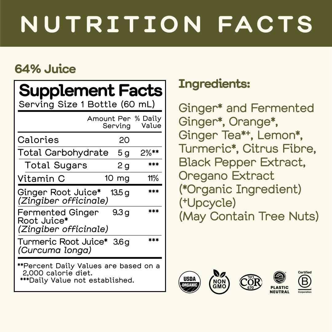 Greenhouse Juice Co. Fiery Ginger & Turmeric Wellness Shot – Immune Support, Vegan & Gluten-Free, 12-Count 60ml Glass Bottles