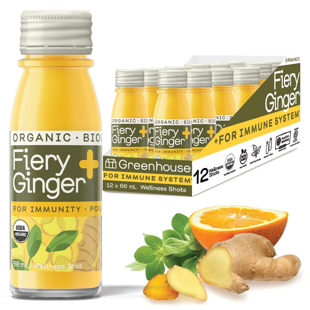 Greenhouse Juice Co. Fiery Ginger & Turmeric Wellness Shot – Immune Support, Vegan & Gluten-Free, 12-Count 60ml Glass Bottles