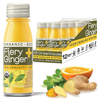 Greenhouse Juice Co. Fiery Ginger & Turmeric Wellness Shot – Immune Support, Vegan & Gluten-Free, 12-Count 60ml Glass Bottles