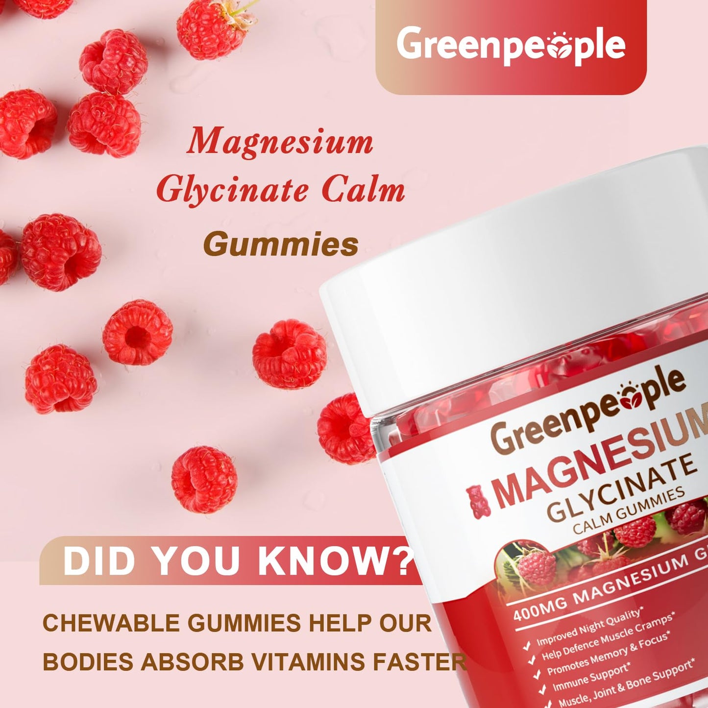 GREENPEOPLE Magnesium Glycinate Gummies 400mg — Sugar Free Raspberry Flavor, Vitamin D & B6 for Calm Support