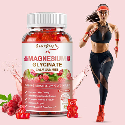 GREENPEOPLE Magnesium Glycinate Gummies 400mg — Sugar Free Raspberry Flavor, Vitamin D & B6 for Calm Support