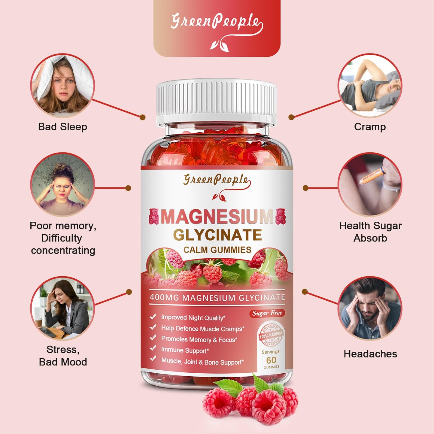 GREENPEOPLE Magnesium Glycinate Gummies 400mg — Sugar Free Raspberry Flavor, Vitamin D & B6 for Calm Support