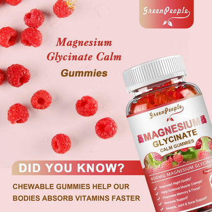 GREENPEOPLE Magnesium Glycinate Gummies 400mg — Sugar Free Raspberry Flavor, Vitamin D & B6 for Calm Support